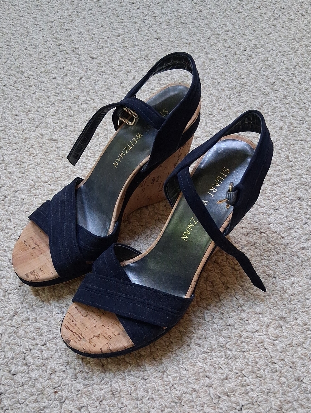 Stuart Weitzman Navy Suede Cork Wedge Sandals